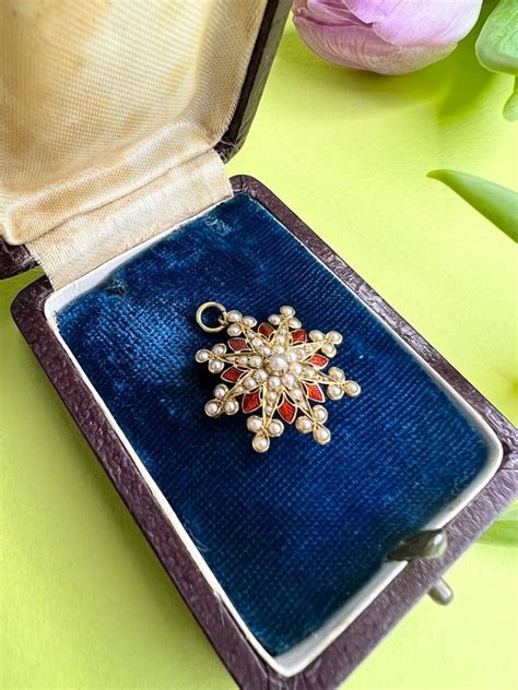 Antique 15ct Gold Edwardian Enamel Seed Pearl Penda Gem