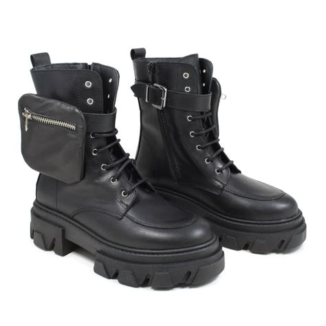 Stivali Anfibi Chunky Boots Con Tasca Platform Pelle Nero Made In Italy