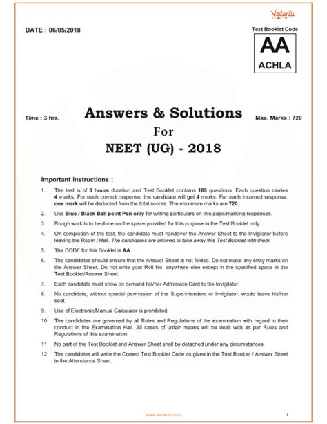 Neet 2018 Question Paper With Solutions And Answers Keys For Code Aa