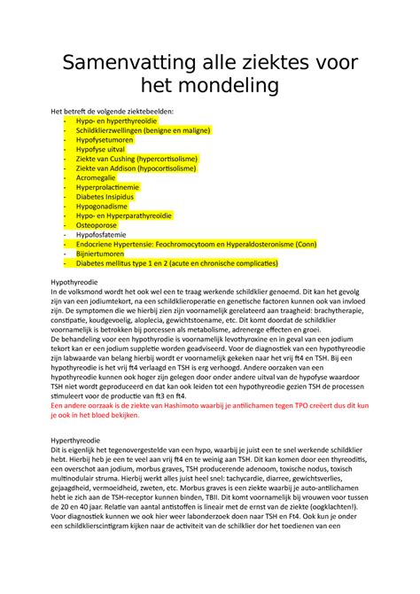 Samenvatting Alle Ziektes Voor Het Mondeling Samenvatting Alle