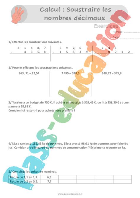 Soustraire les nombres décimaux Exercices révisions au Cm1 et Cm2