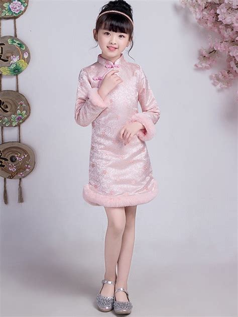 Pink Floral Kids Girls Qipao Cheongsam Winter Dress Cozyladywear