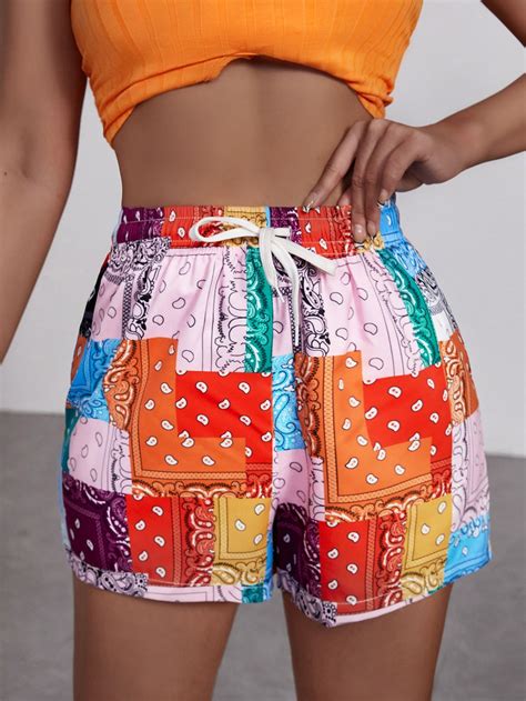 Paisley Scarf Print Drawstring Waist Shorts