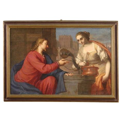 17th Century Oil On Canvas Italian Painting Christ And The Samaritan