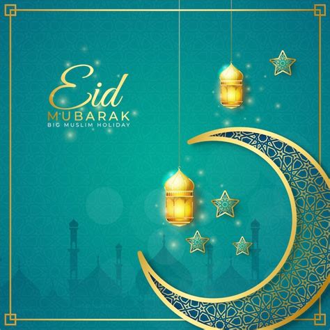 Fondo Realista De Eid Mubarak Con Linterna Y Luna Vector Premium