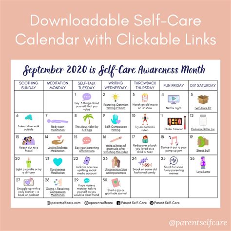 Free downloadable self-care calendar for September 2020 — Parent Self Care