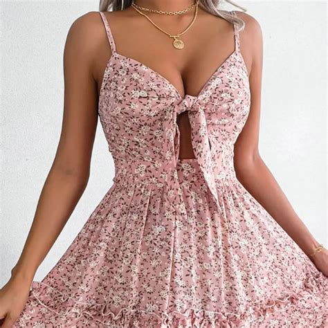 Elegant Dress Women Bowknot Decor Hollow Out Loose Dress Summer Floral