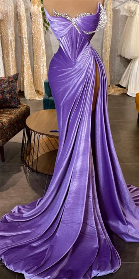 Purple Mermaid Evening Dresses Side Slit Off Shoulder Beaded Pleated