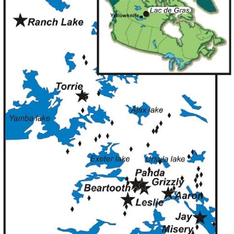 Location of kimberlite pipes (black diamonds) in the Lac de Gras ...