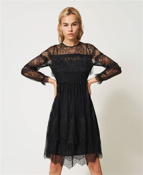 Abito In Tulle Con Pizzo E Frange Donna Nero Twinset Milano Abiti