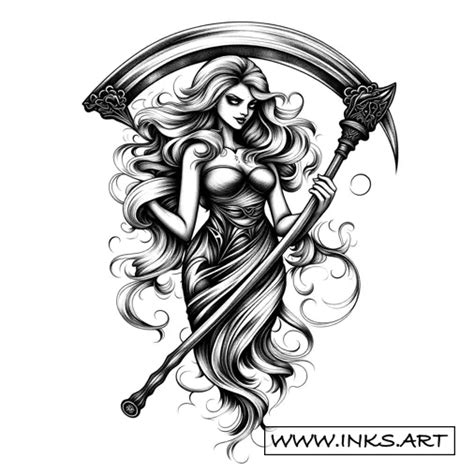 Tattoo Design Nude Grim Reaper With Scythe Style Blackwork