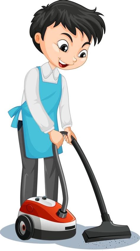 Cartoon Character Of A Boy Using Vacuum Cleaner 2583405 Vector Art At