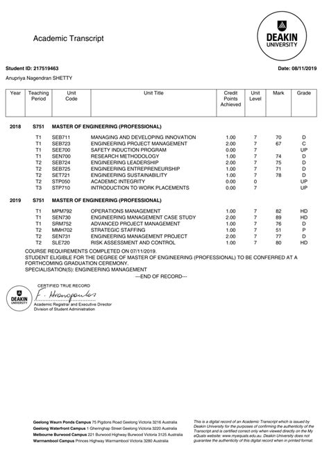 Masters Transcript