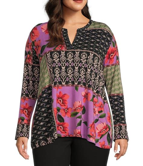 Johnny Was Plus Size Zanda Patchwork Print Bamboo Knit Jersey Split V