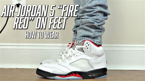 Fire Red 5s Grey Tongue On Feet