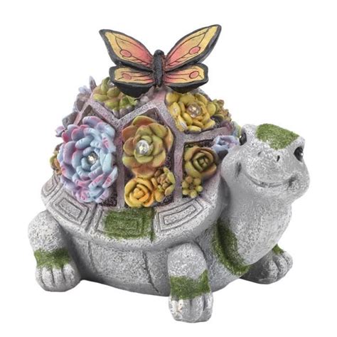 Estink Statue Tortue Solaire Jardin Resine Avec Plante Succulente Led