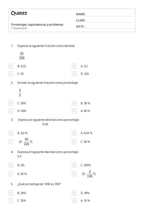 50 Problemas De Porcentaje Hojas De Trabajo Para Grado 1 En Quizizz