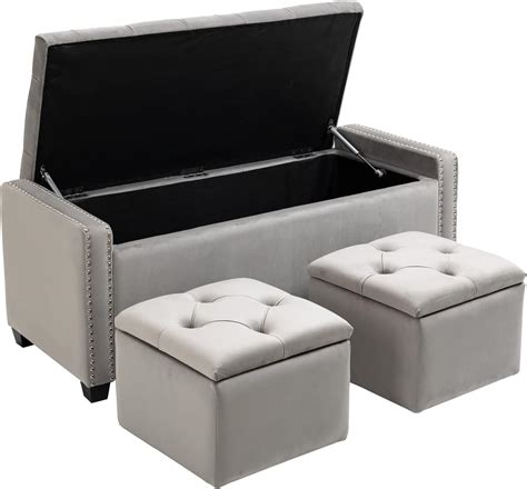 Betoko 3pc Tufted Storage Ottoman Benches Set For Living Room Velvet Upholstered End