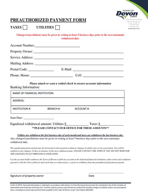 Fillable Online Preauthorized Payment Form Town Of Devon Fax Email