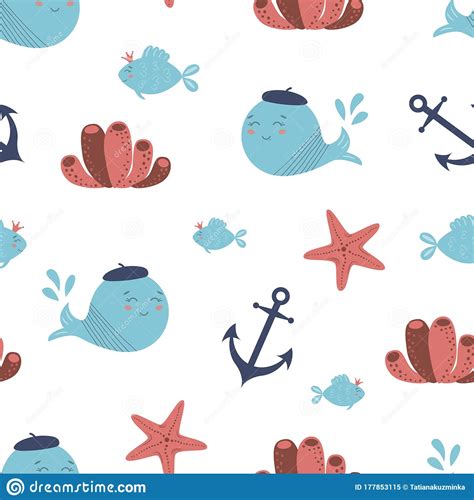 Cute Underwater Seamless Pattern Sea Animals Whale Fish Anchor Coral