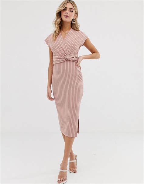 Asos Synthetic Midi Twist Front Pencil Dress In Rose Stripe In Pink Lyst