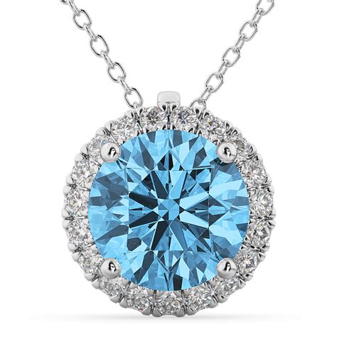 Halo Round Blue Topaz Diamond Pendant Necklace K White Gold Ct