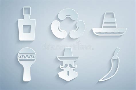 Set Mexican Man Sombrero Maracas Hot Chili Pepper Pod Beans And Tequila Bottle Icon Vector