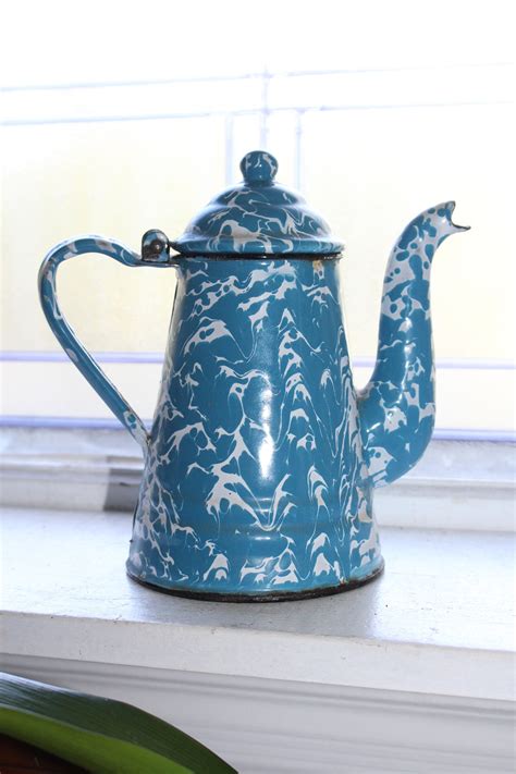 Antique Blue White Swirl Graniteware Goose Neck Coffee Pot