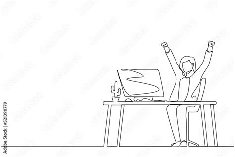 Single Continuous Line Drawing Happy Businesswoman Sitting With Raised