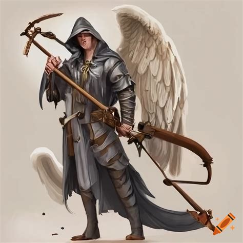 Hooded Male Angel With White Hair Holding A Crossbow With A Dragon On