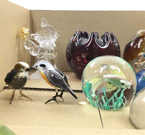 Lot 9pc Art Glass Paperweights Bird Figures