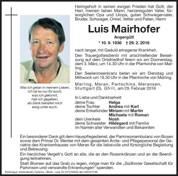 Traueranzeigen Von Luis Mairhofer Trauer Bz