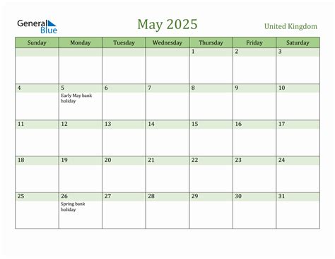 Fillable Holiday Calendar for United Kingdom - May 2025