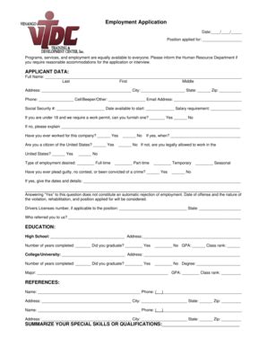 Fillable Online Employment Application Date Position Applied For