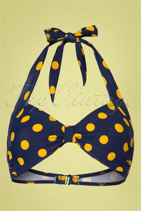 Esther Williams 50s Classic Polkadot Bikini Top In Navy And Yellow