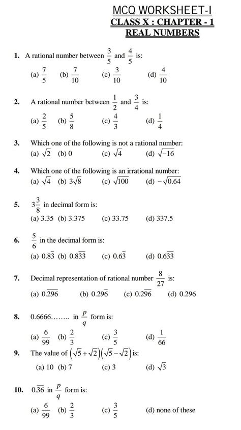 Worksheet On Real Numbers Class 10