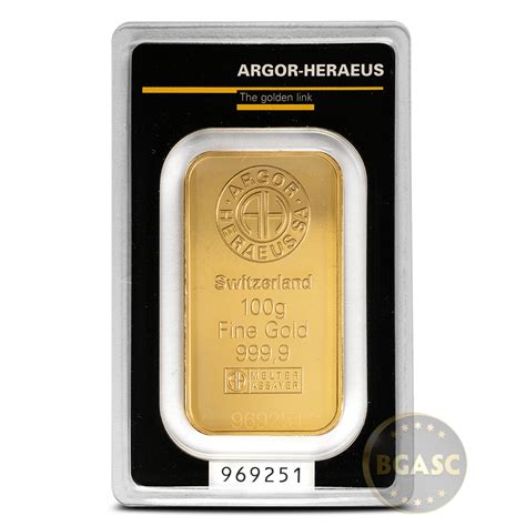 100 Gram Argor Heraeus Gold Bar New W Assay L BGASC