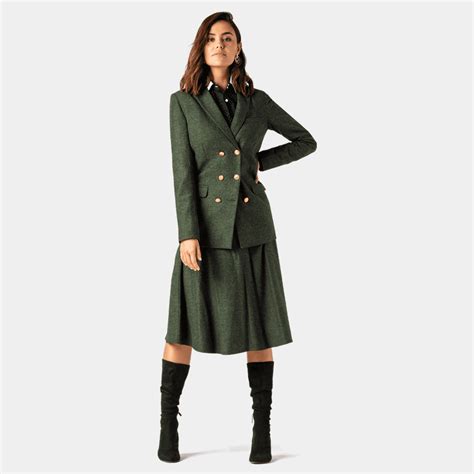 Green Double Breasted Tweed Midi Flared Skirt Suit Relaxed Fit