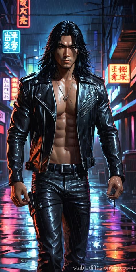 Biker Anime Rainy Night With Neon Signs Stable Diffusion Online