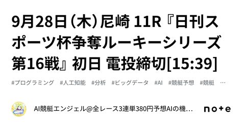 9月28日（木）尼崎 11r 『日刊スポーツ杯争奪ルーキーシリーズ第16戦』 初日 電投締切[15 39]｜ai競艇エンジェル 全レース3連単380円予想 Aiの機械学習で驚異の的中率＆回収率