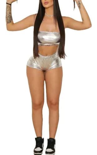 Conjunto Feminino Cropped Short Hot Pant Metalizado Carnaval MercadoLivre