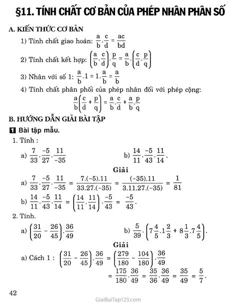 Giải bài tập Toán lớp 6 Bài 11 Tính chất cơ bản của phép nhân phân số
