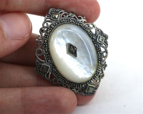 Vintage Mother Of Pearl Marcasite Brooch Sterling Gem