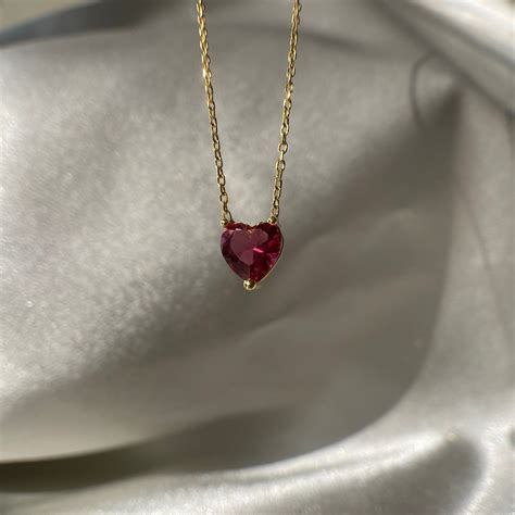 14k Gold Ruby Heart Necklace Tiny Red Heart Shaped Pendant Etsy