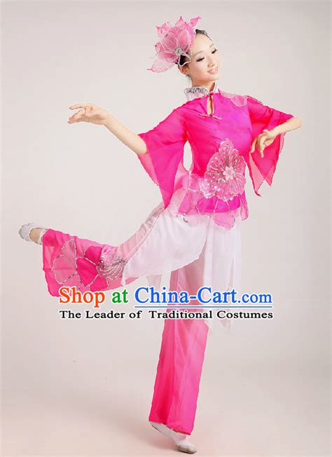 Pink Chinese Folk Fan Group Dance Costume And Hair Jewelry