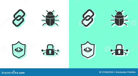 Set Cyber Security Chain Link Shield And Eye And System Bug Icon