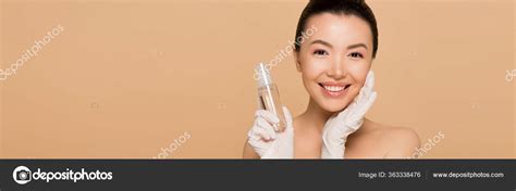 Panoramic Shot Cheerful Nude Asian Woman Latex Gloves Holding
