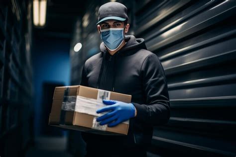 Premium Photo Delivery Man In Medical Mask And Gloves Holding Parcel