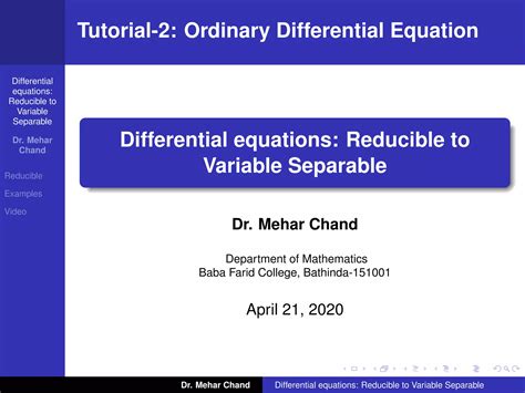 Tutorial 2 Differential Equations Reducible To Variable Separable Ppt