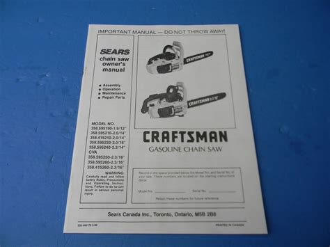 SEARS CRAFTSMAN CHAINSAW OWNERS MANUAL 12 14 16 1 9 2 0 2 3 Box